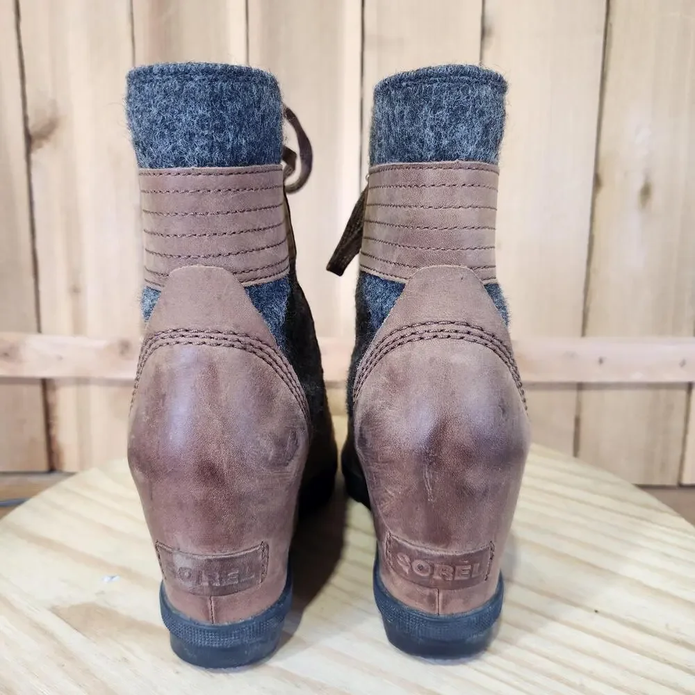 Sorel Lexie Wedge Boots Womens 7 Brown Leather Felt Lace Up Bootie Ankle Winter